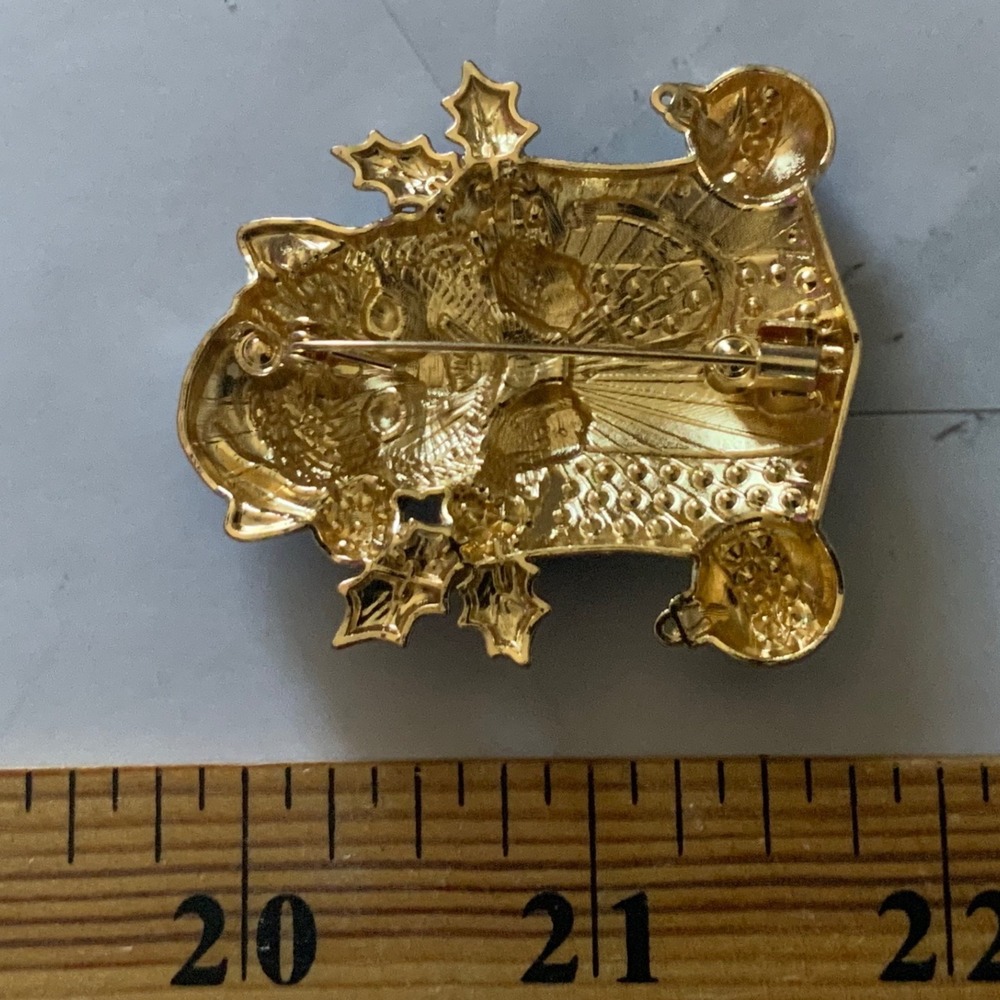 Enamel Christmas Cat Brooch Blue White Rhinestone Chinoiserie Holiday Kitten Pin - Picture 4 of 4